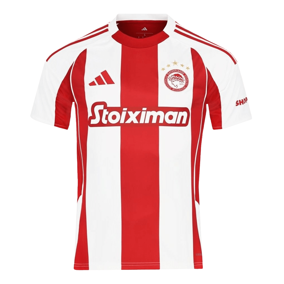 Camiseta de fútbol local del Olympiacos 2025/26 roja y blanca