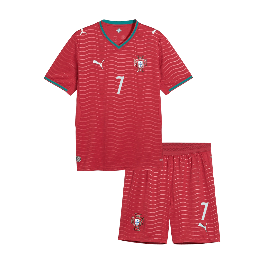 Conjunto infantil de camiseta y pantalón corto de la selección de Portugal de Ronaldo #7 para niños, Mundial 2026, color rojo.