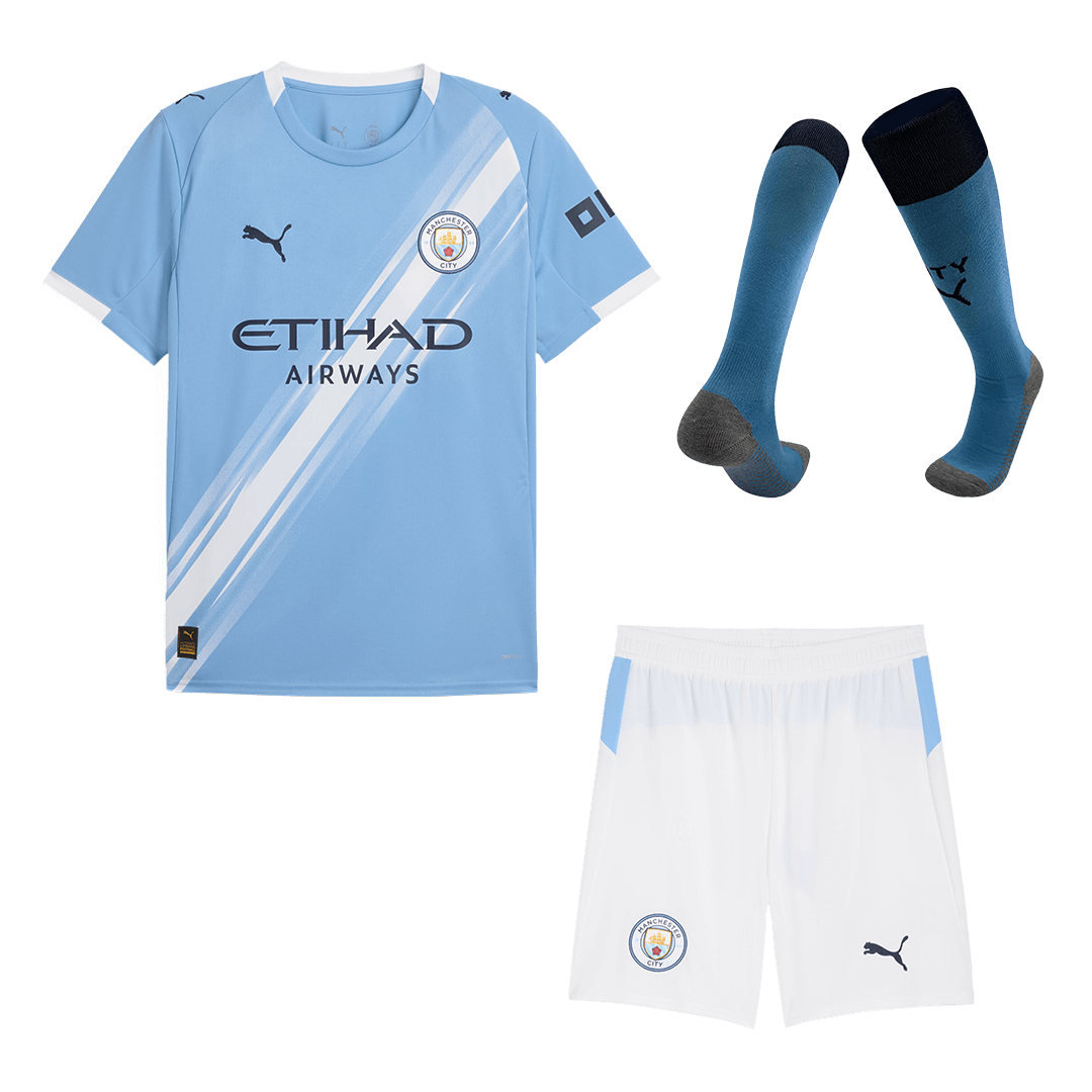 Kit de fútbol local del Manchester City (camiseta, pantalón corto y medias) 2025/26, azul