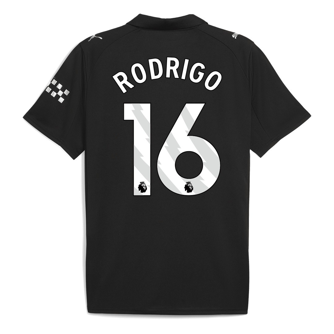 Camiseta de fútbol visitante RODRIGO #16 del Manchester City 2025/26, negra