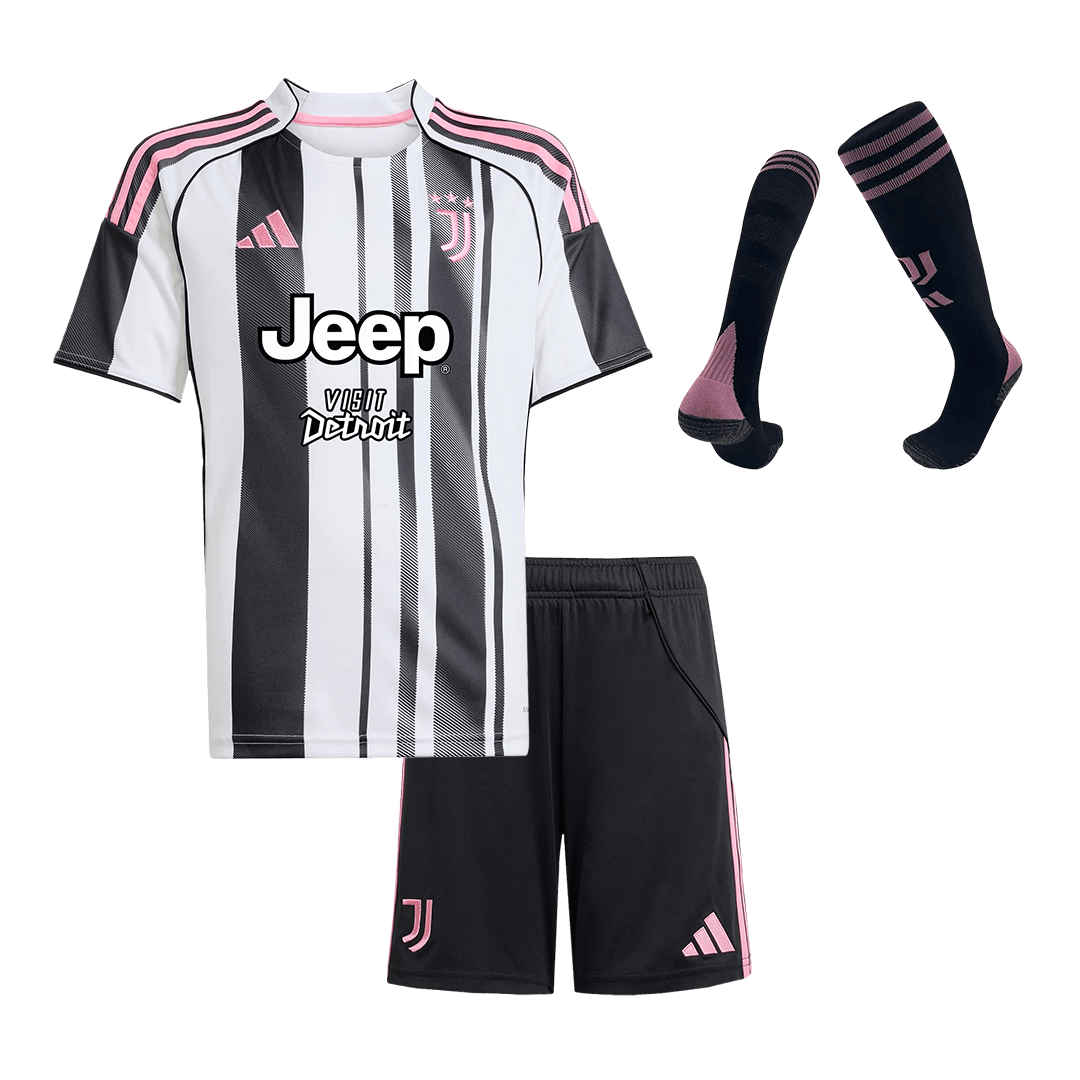 Kit de camiseta de fútbol local de la Juventus para niños (camiseta, pantalón corto y calcetines) 2025/26 (negro y blanco)