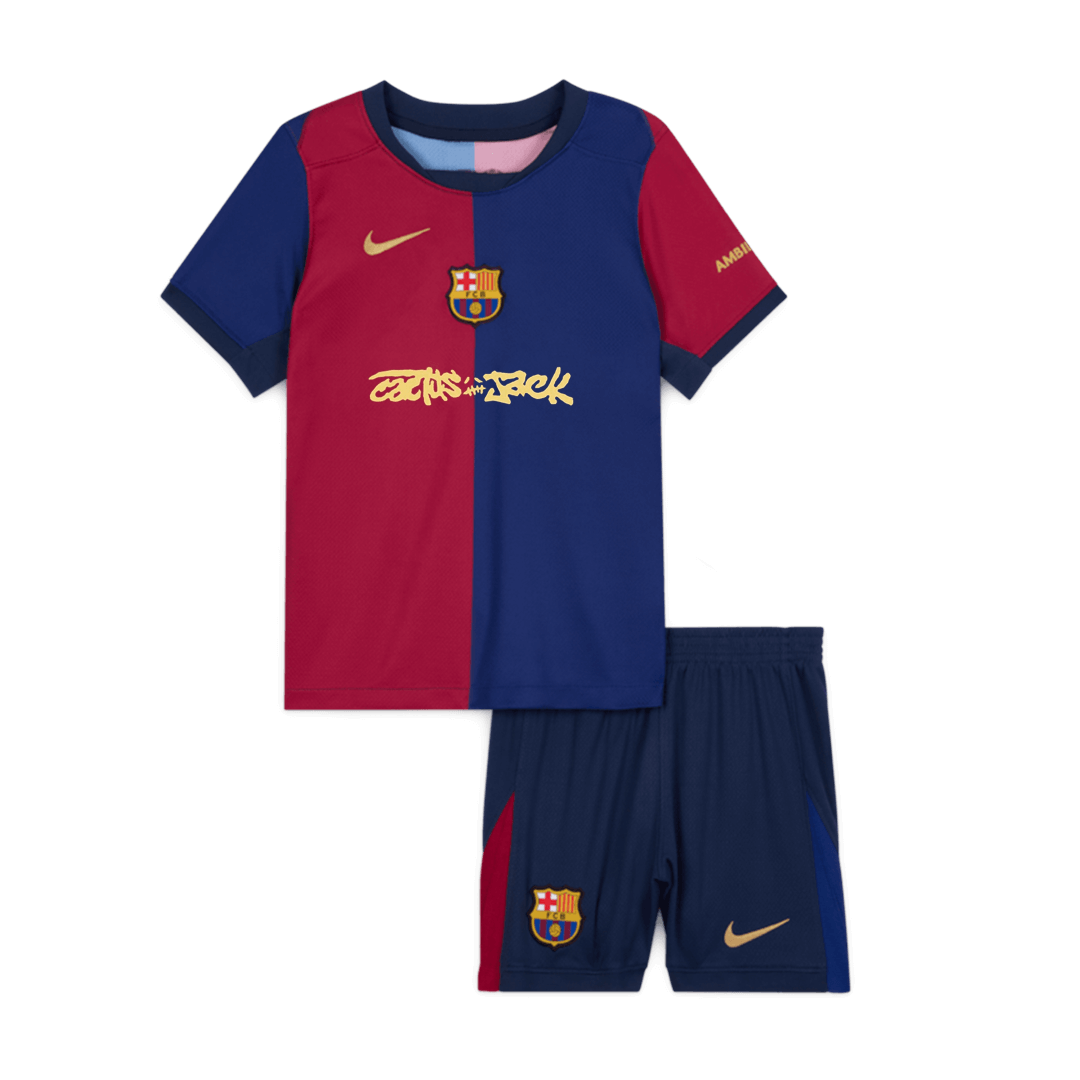 Kit de fútbol local del Barcelona x Travis Scott para niños (camiseta y pantalón corto) 2024/25, rojo y azul