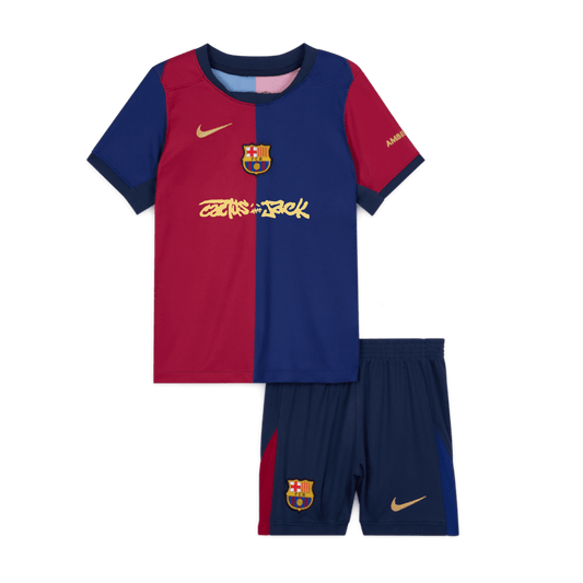 Kit de fútbol local del Barcelona x Travis Scott para niños (camiseta y pantalón corto) 2024/25, rojo y azul