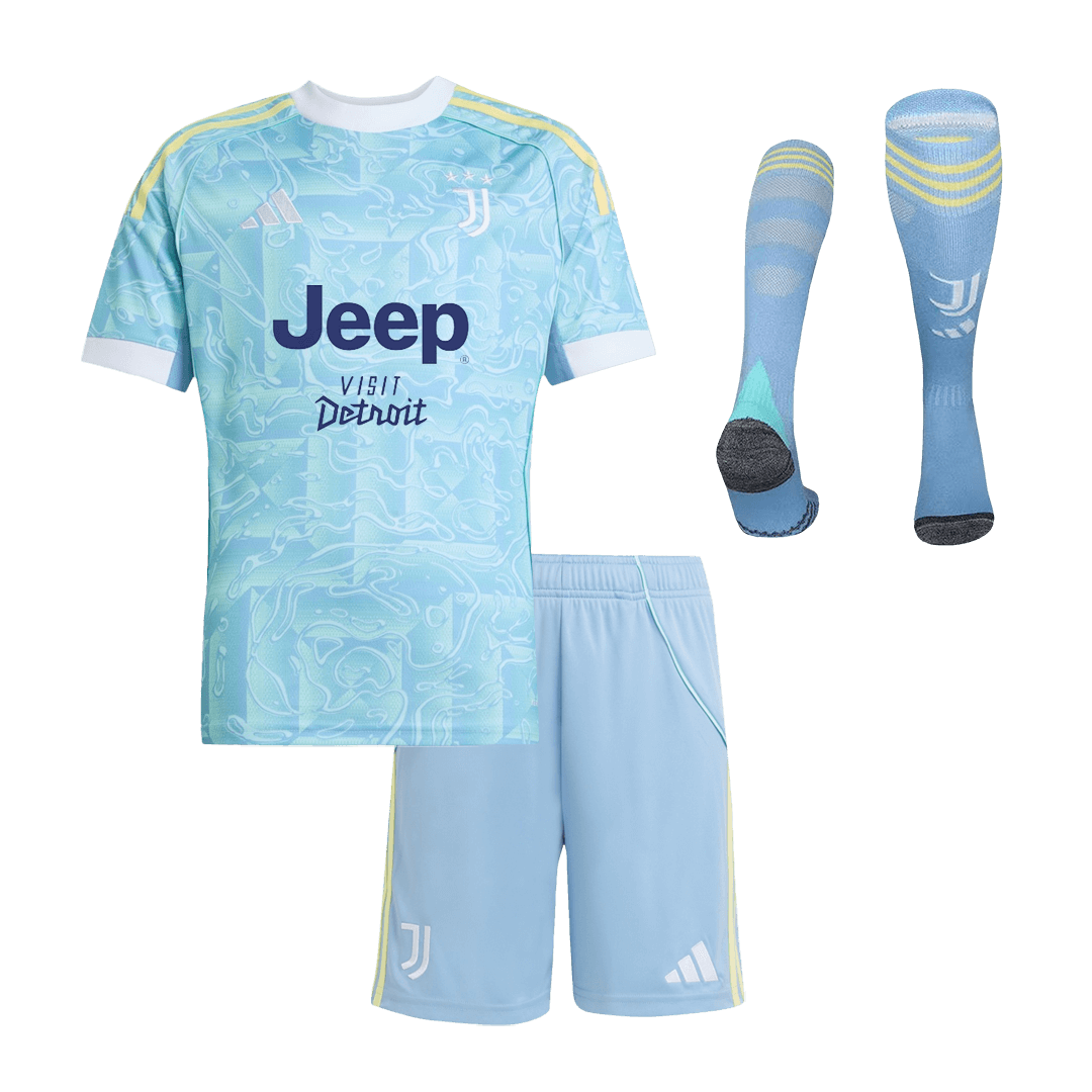 Kit de camiseta de fútbol de visitante de la Juventus para niños (camiseta, pantalones cortos y calcetines) 25/26 azul