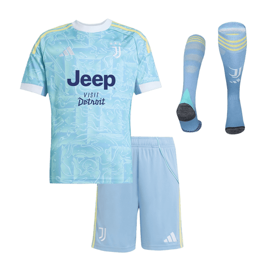 Kit de camiseta de fútbol de visitante de la Juventus para niños (camiseta, pantalones cortos y calcetines) 25/26 azul