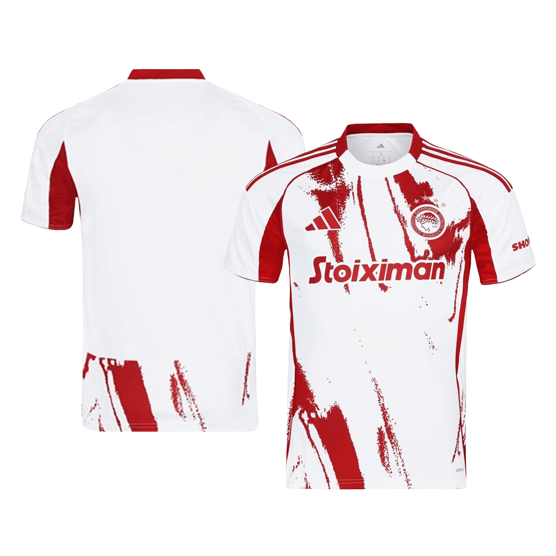 Camiseta de visitante del Olympiacos 2025/26, roja y blanca