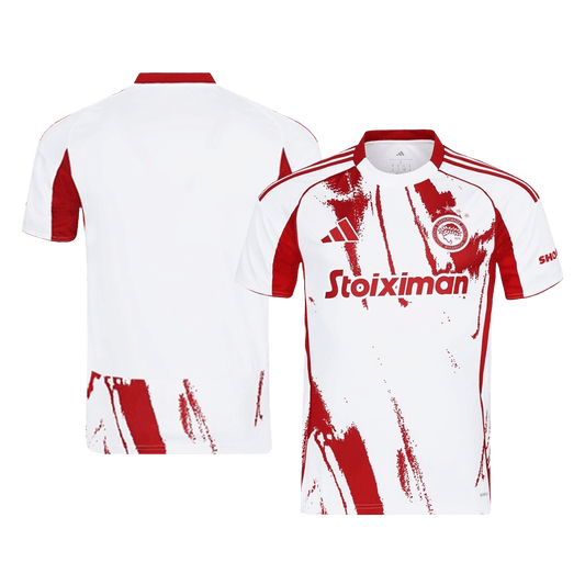 Camiseta de visitante del Olympiacos 2025/26, roja y blanca