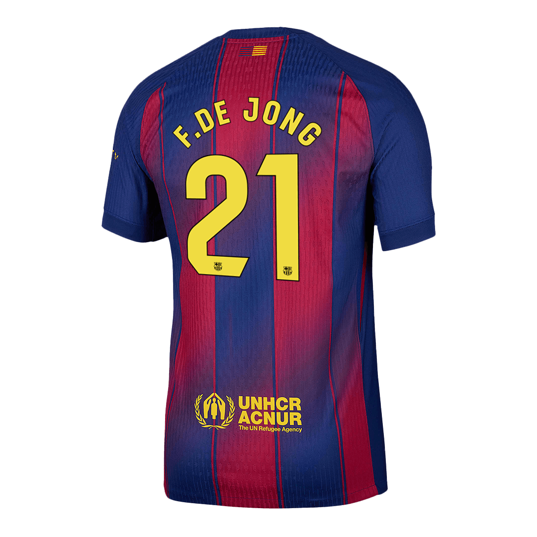 Camiseta de fútbol local del Barcelona 2025/26, auténtica, F.DE JONG #21, roja y azul