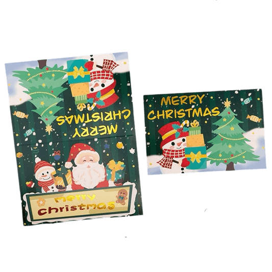 Tarjeta de Navidad personalizada: Muñeco de nieve con regalos. Mensaje personalizado.